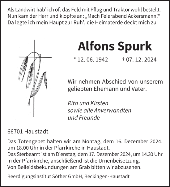 Todesanzeige von Alfons Spurk von saarbruecker_zeitung