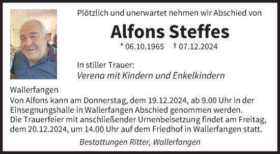 Todesanzeige von Alfons Steffes von saarbruecker_zeitung