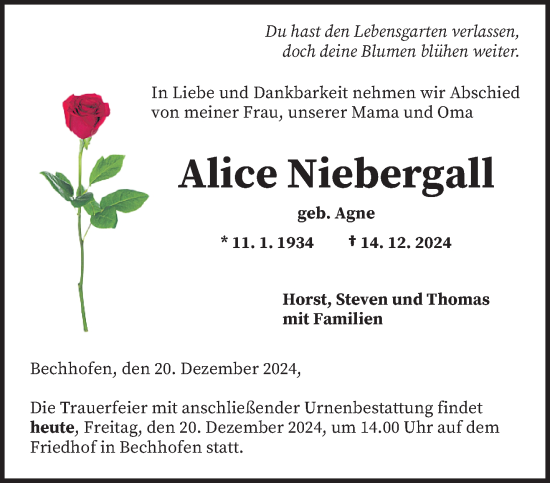 Todesanzeige von Alice Niebergall von saarbruecker_zeitung