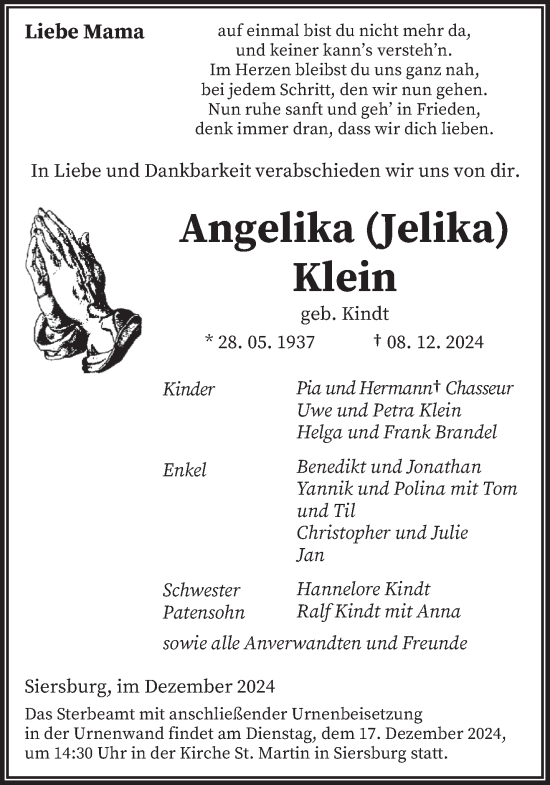 Todesanzeige von Angelika Klein von saarbruecker_zeitung