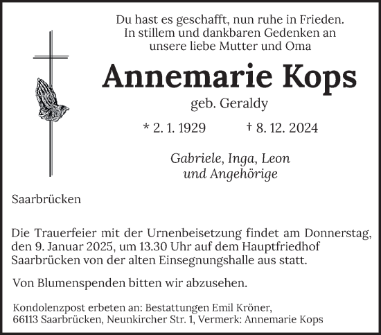 Todesanzeige von Annemarie Kops von saarbruecker_zeitung