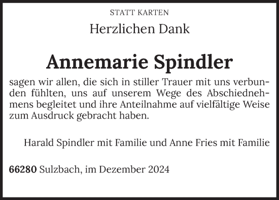 Todesanzeige von Annemarie Spindler von saarbruecker_zeitung