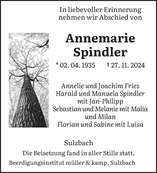 Todesanzeige von Annemarie Spindler von saarbruecker_zeitung