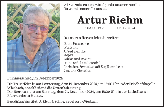 Todesanzeige von Artur Riehm von saarbruecker_zeitung