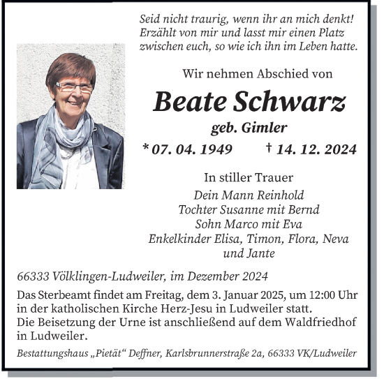 Todesanzeige von Beate Schwarz von saarbruecker_zeitung