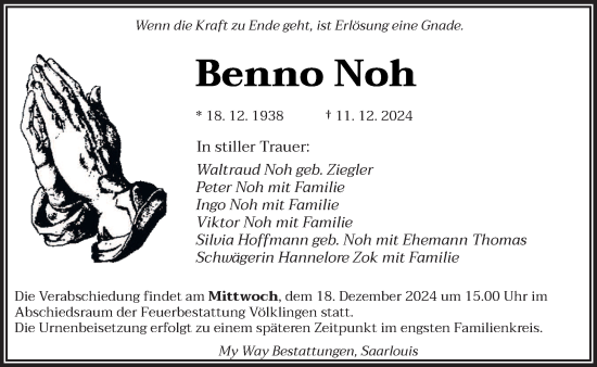 Todesanzeige von Benno Noh von saarbruecker_zeitung