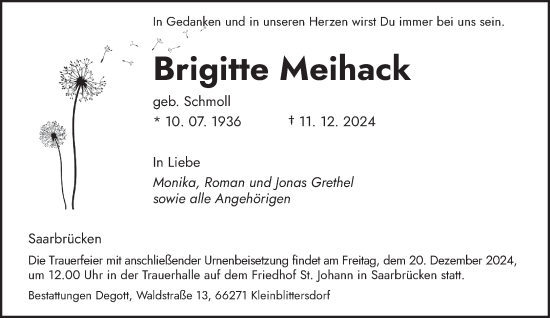 Todesanzeige von Brigitte Meihack von saarbruecker_zeitung