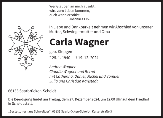 Todesanzeige von Carla Wagner von saarbruecker_zeitung