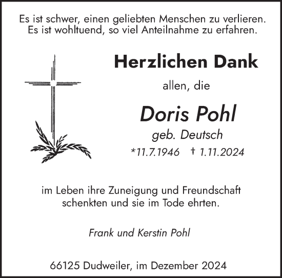 Todesanzeige von Doris Pohl von saarbruecker_zeitung