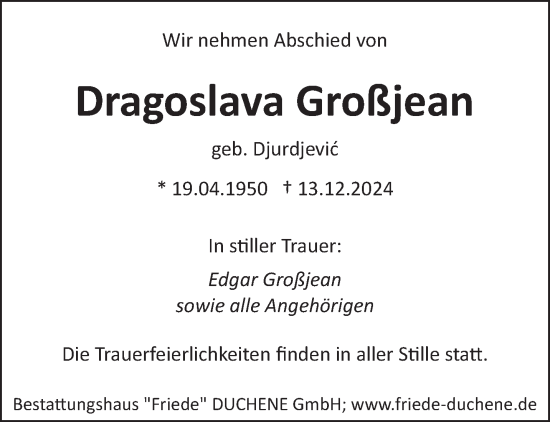 Todesanzeige von Dragoslava Großjean von saarbruecker_zeitung