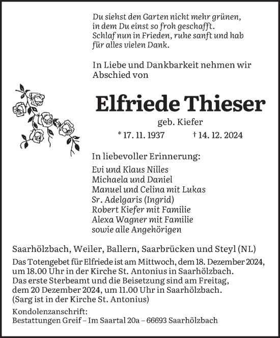 Todesanzeige von Elfriede Thieser von saarbruecker_zeitung