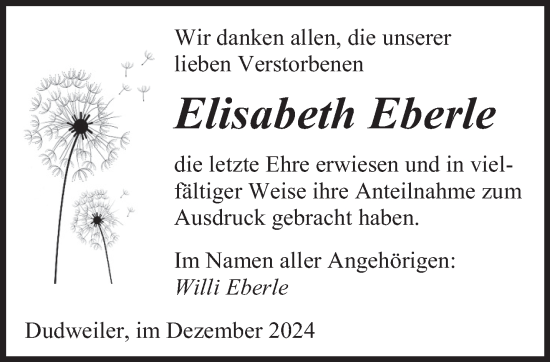 Todesanzeige von Elisabeth Eberle von saarbruecker_zeitung