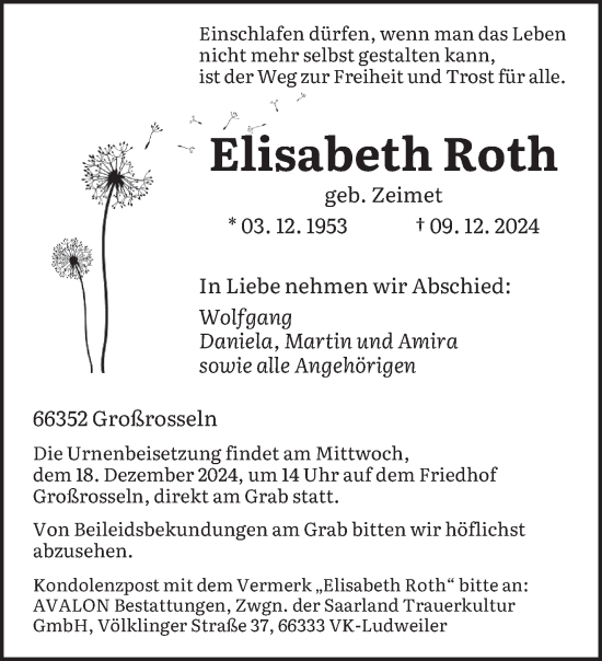 Todesanzeige von Elisabeth Roth von saarbruecker_zeitung