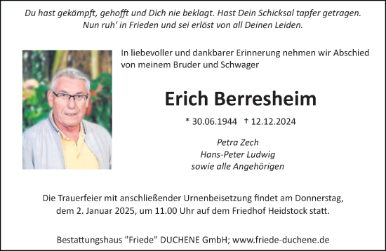 Todesanzeige von Erich Berresheim von saarbruecker_zeitung