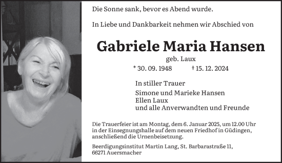 Todesanzeige von Gabriele Maria Hansen von saarbruecker_zeitung