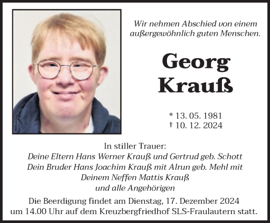 Todesanzeige von Georg Krauß von saarbruecker_zeitung