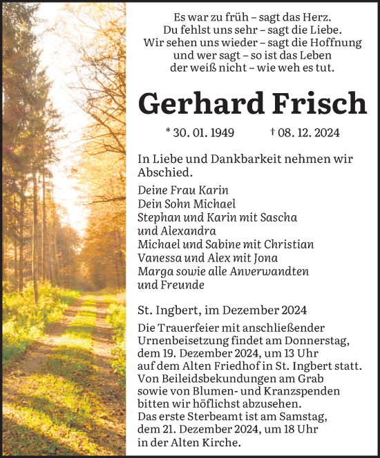 Todesanzeige von Gerhard Frisch von saarbruecker_zeitung