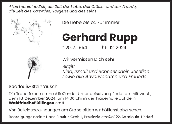 Todesanzeige von Gerhard Rupp von saarbruecker_zeitung