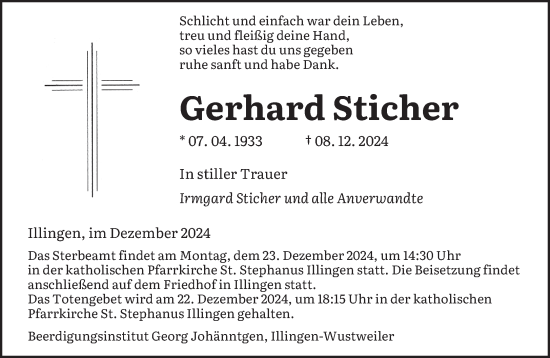 Todesanzeige von Gerhard Sticher von saarbruecker_zeitung