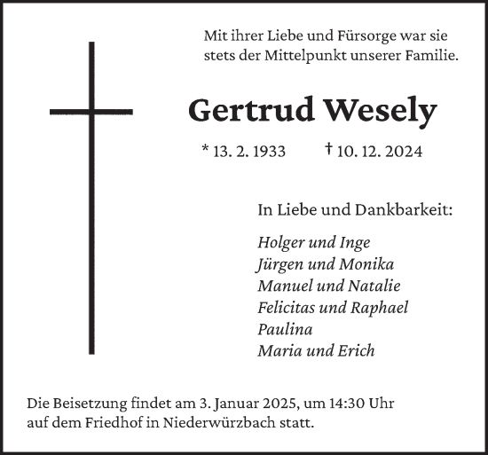 Todesanzeige von Gertrud Wesely von saarbruecker_zeitung