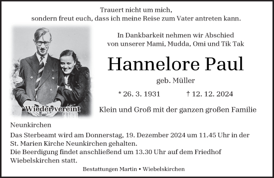 Todesanzeige von Hannelore Paul von saarbruecker_zeitung