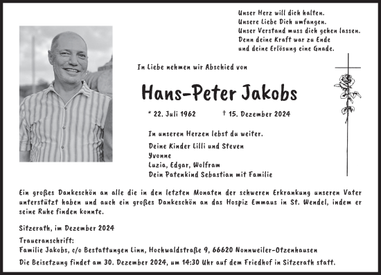 Todesanzeige von Hans-Peter Jakobs von saarbruecker_zeitung