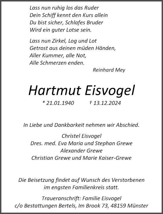 Todesanzeige von Hartmut Eisvogel von saarbruecker_zeitung