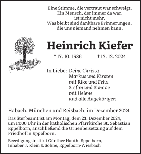 Todesanzeige von Heinrich Kiefer von saarbruecker_zeitung