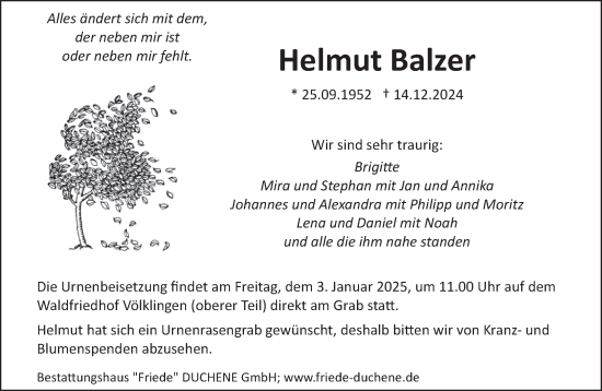 Todesanzeige von Helmut Balzer von saarbruecker_zeitung