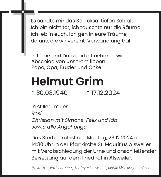 Todesanzeige von Helmut Grim von saarbruecker_zeitung