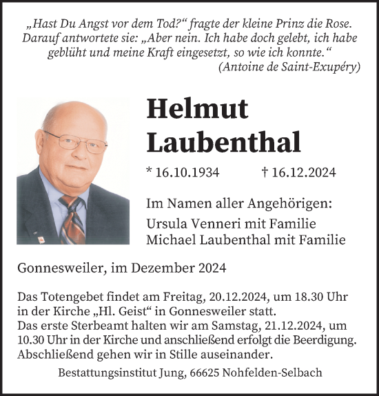 Todesanzeige von Helmut Laubenthal von saarbruecker_zeitung