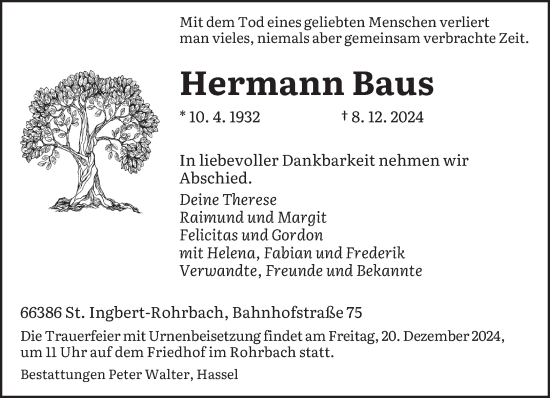 Todesanzeige von Hermann Baus von saarbruecker_zeitung