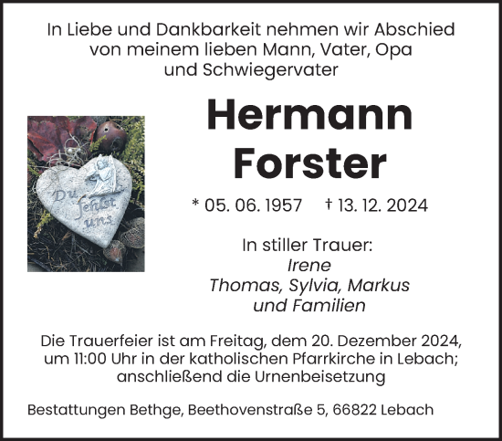 Todesanzeige von Hermann Forster von saarbruecker_zeitung