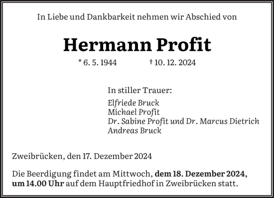 Todesanzeige von Hermann Profit von saarbruecker_zeitung