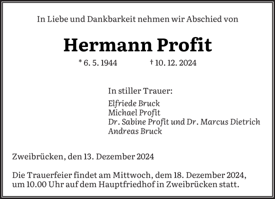 Todesanzeige von Hermann Profit von saarbruecker_zeitung