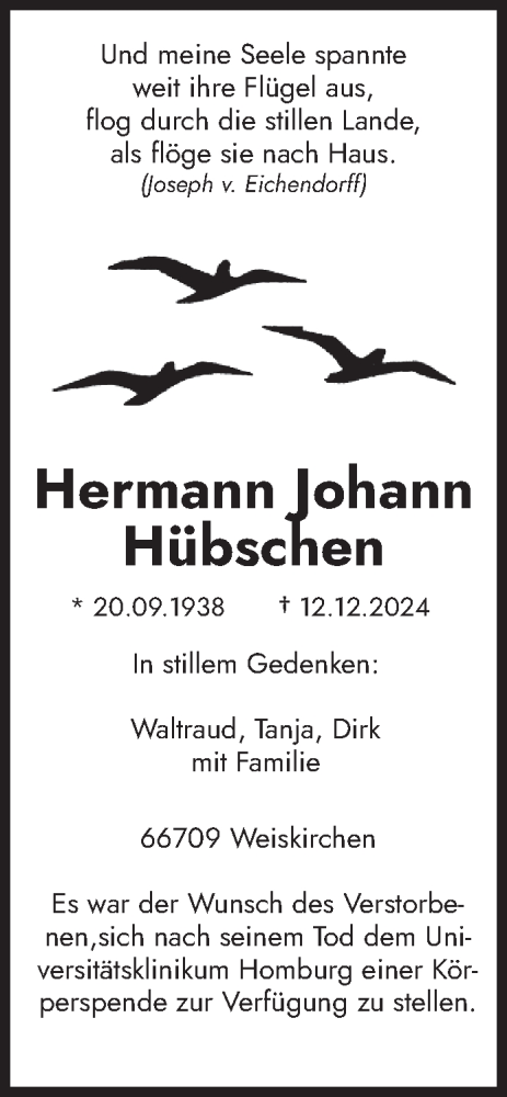 Todesanzeige von Hermann Johann Hübschen von saarbruecker_zeitung