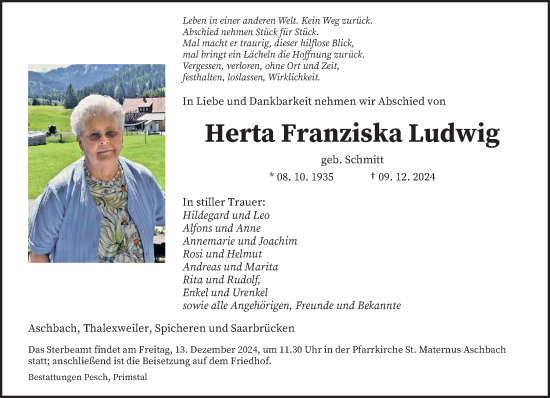 Todesanzeige von Herta Franziska Ludwig von saarbruecker_zeitung