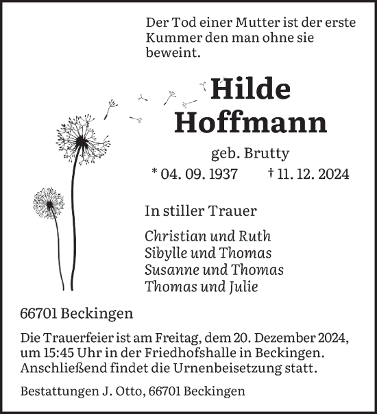 Todesanzeige von Hilde Hoffmann von saarbruecker_zeitung