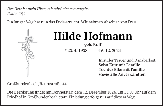 Todesanzeige von Hilde Hofmann von saarbruecker_zeitung