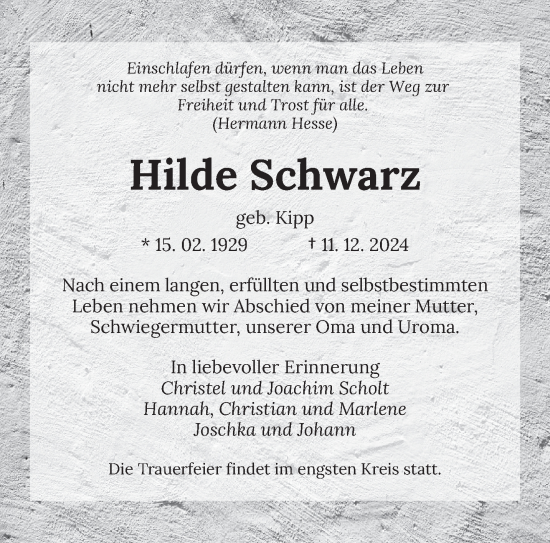 Todesanzeige von Hilde Schwarz von saarbruecker_zeitung