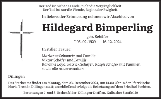 Todesanzeige von Hildegard Bimperling von saarbruecker_zeitung