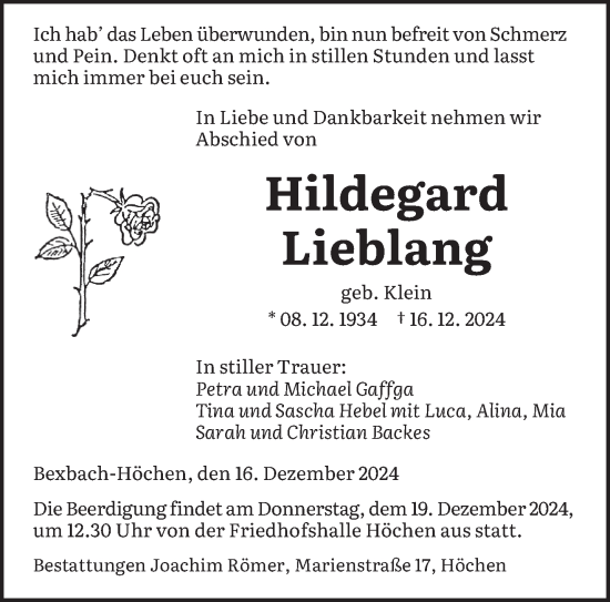 Todesanzeige von Hildegard Lieblang von saarbruecker_zeitung