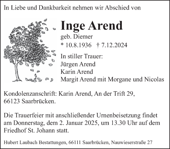 Todesanzeige von Inge Arend von saarbruecker_zeitung