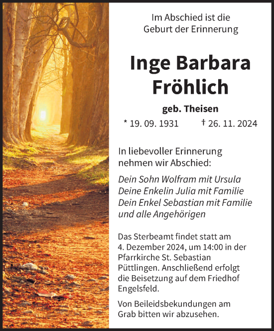 Todesanzeige von Inge Barbara Fröhlich von saarbruecker_zeitung