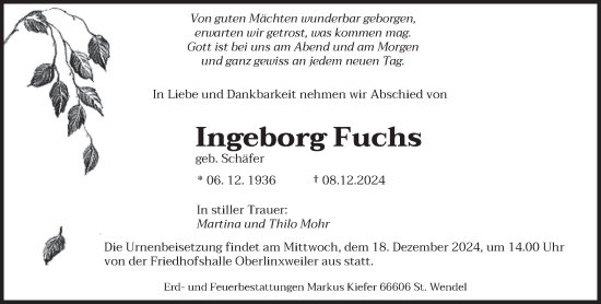 Todesanzeige von Ingeborg Fuchs von saarbruecker_zeitung