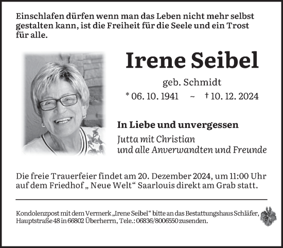 Todesanzeige von Irene Seibel von saarbruecker_zeitung