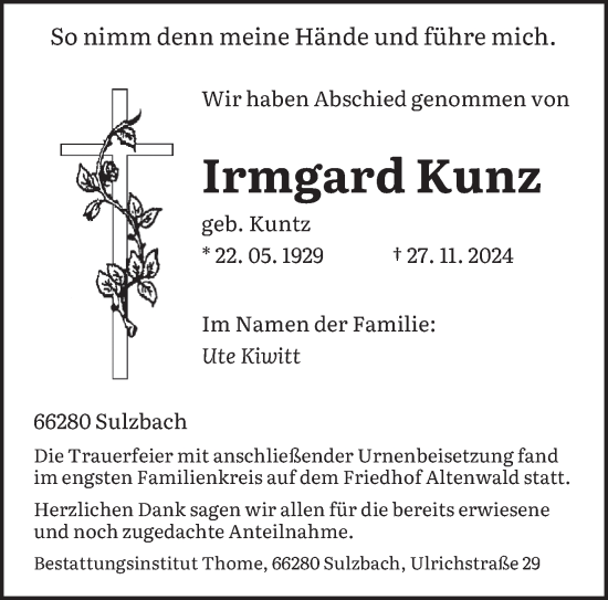 Todesanzeige von Irmgard Kunz von saarbruecker_zeitung