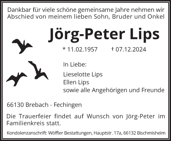 Todesanzeige von Jörg-Peter Lips von saarbruecker_zeitung