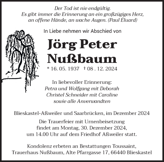 Todesanzeige von Jörg Peter Nußbaum von saarbruecker_zeitung