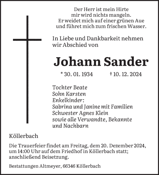 Todesanzeige von Johann Sander von saarbruecker_zeitung